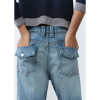 Wide-Leg Jeans with Decorative Stitching - Blue