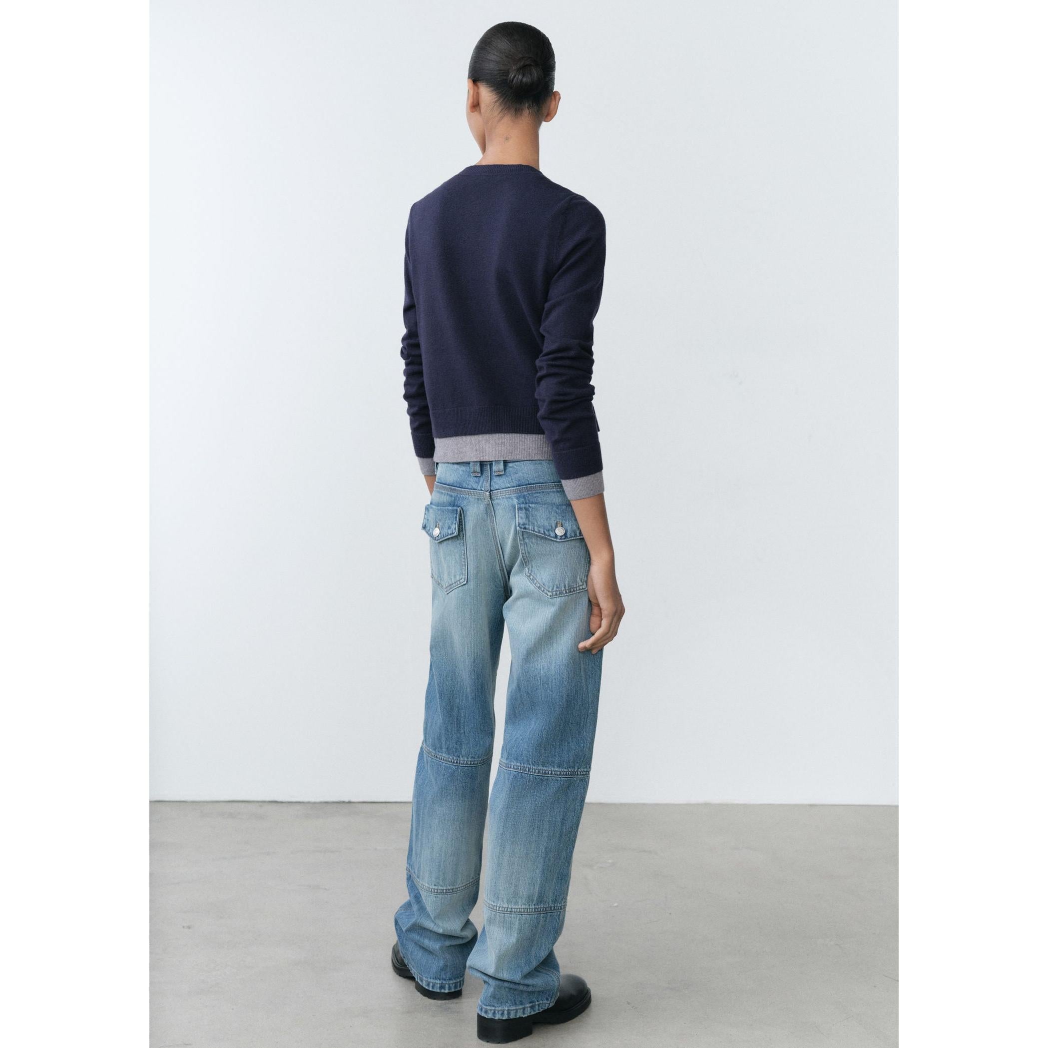 Wide-Leg Jeans with Decorative Stitching - Blue