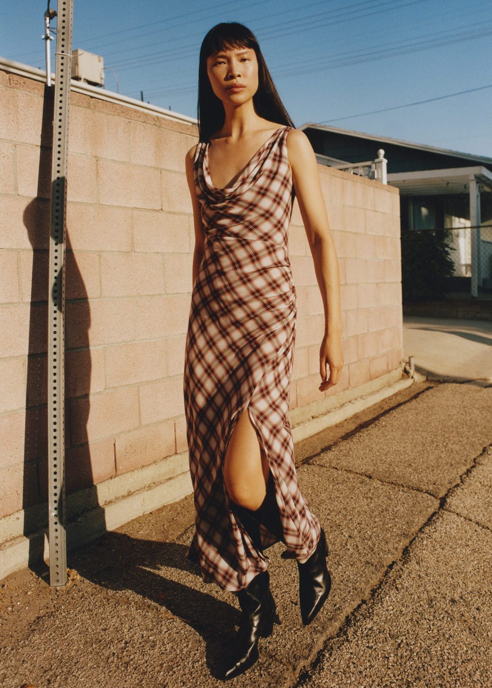 Robe Midi En Imprimé Carreaux - Marron