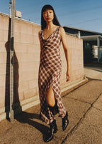 Robe Midi En Imprimé Carreaux - Marron