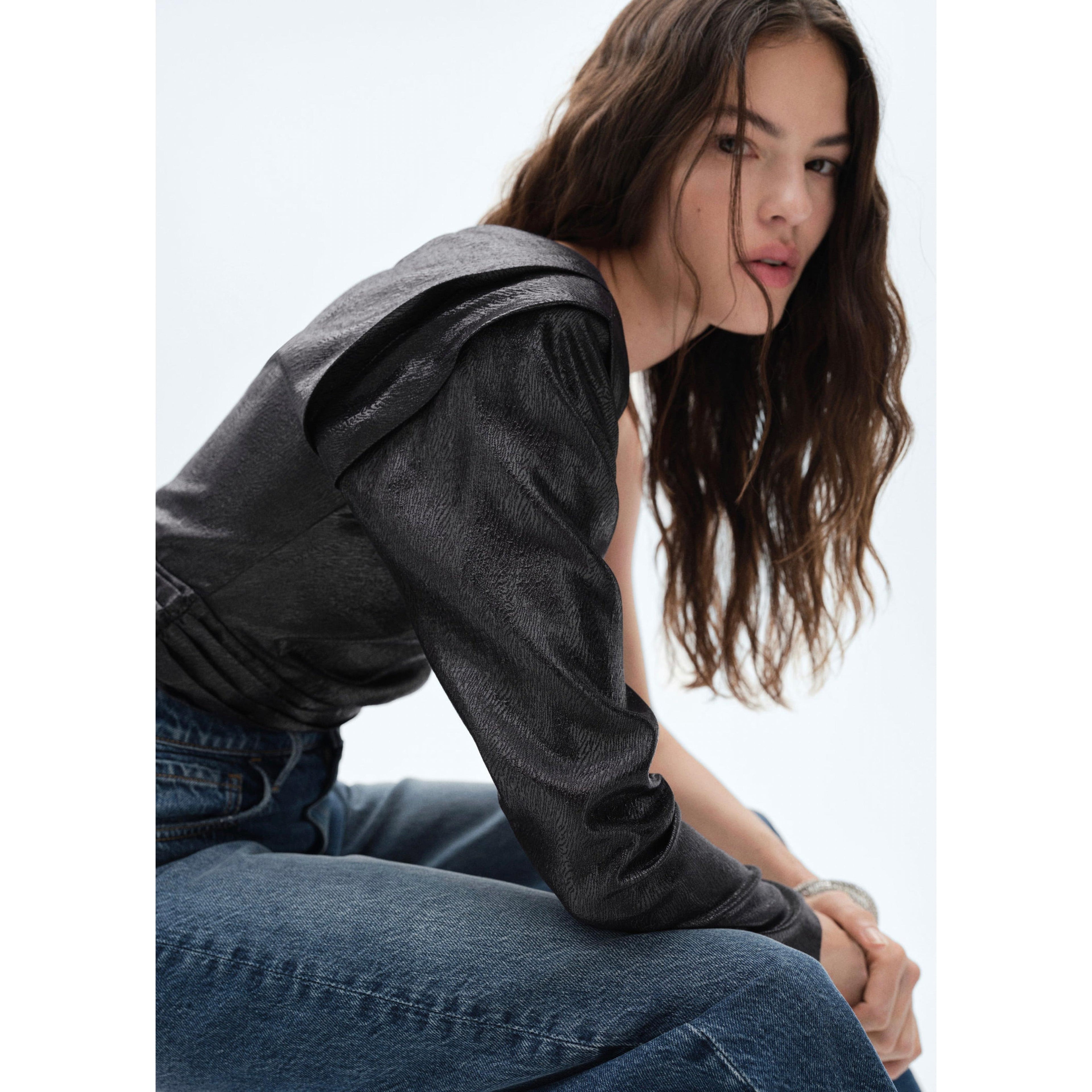 Asymmetric Blouse with Puff Sleeves