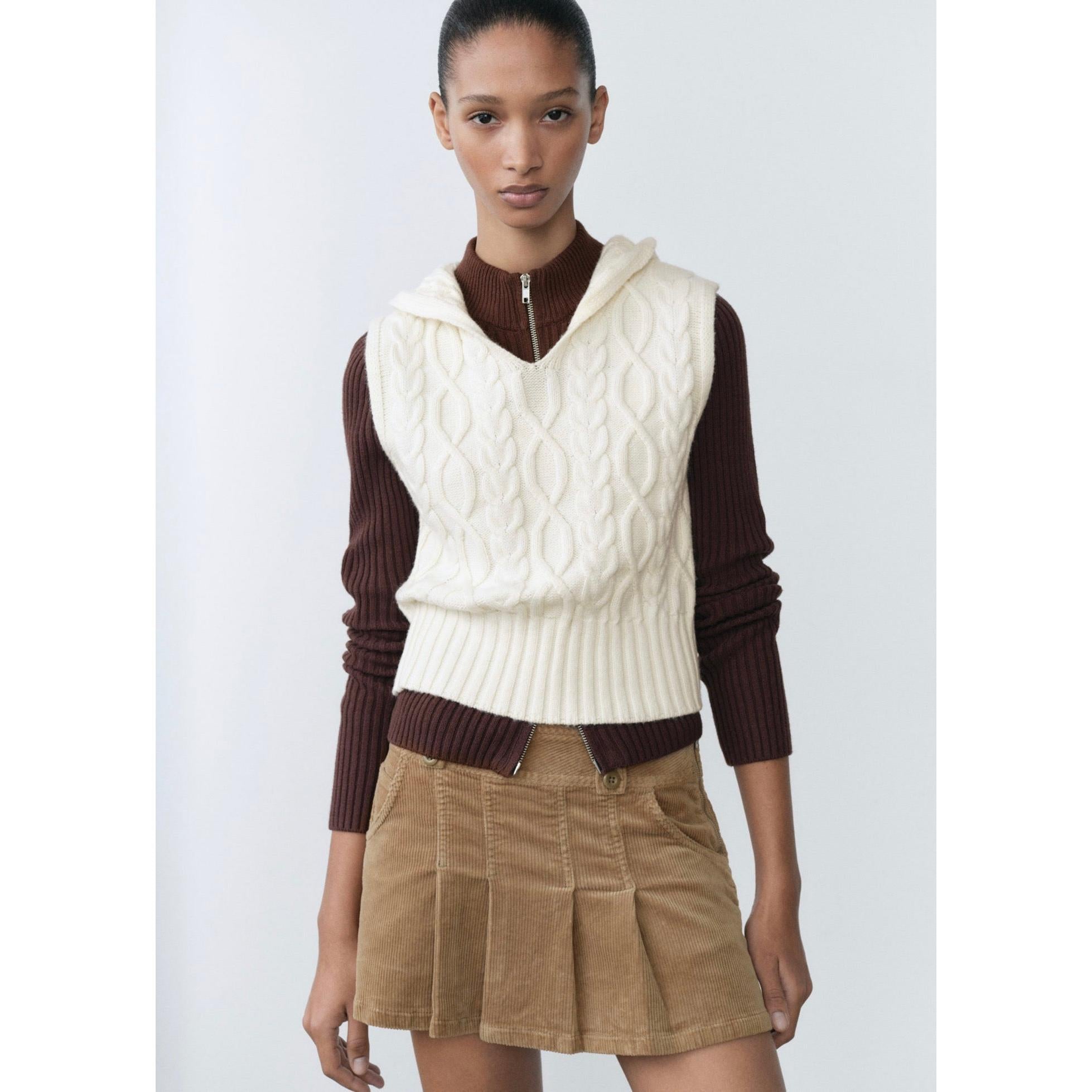 Chaqueta Punto Trenzado Capucha - Ecru