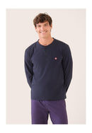 Ensemble Pyjama Haut Bleu Marine Et Pantalon Fantaisie En Coton - Pyjama Sebastien Haut Manches Longues Uni Marine Et Bas Long Fantaisie