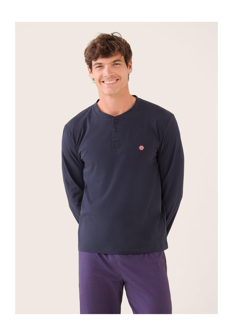 Ensemble Pyjama Haut Bleu Marine Et Pantalon Fantaisie En Coton - Pyjama Sebastien Haut Manches Longues Uni Marine Et Bas Long Fantaisie
