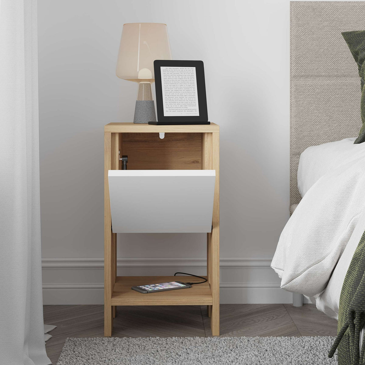 Ema - Bedside Table - Sapphire Oak/White