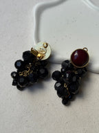 Vintage Georges Rech Earrings - Black Clusters and Burgundy Cabochons
