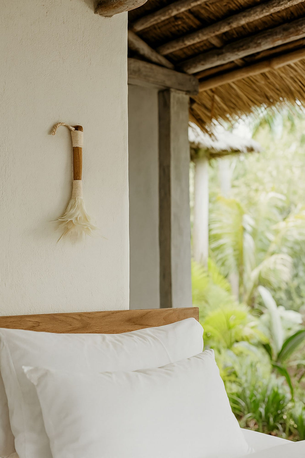 Kemoa Decorative Duster - Bamboo And White Feathers