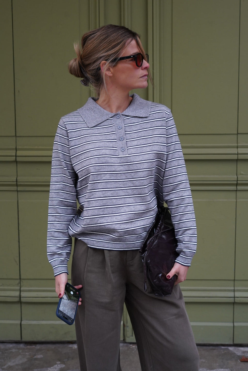 Hippolyte Gray Striped Polo Sweater