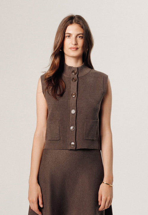 Chaleco de manga corta con cuello alto - Marrón Habana - Mujer