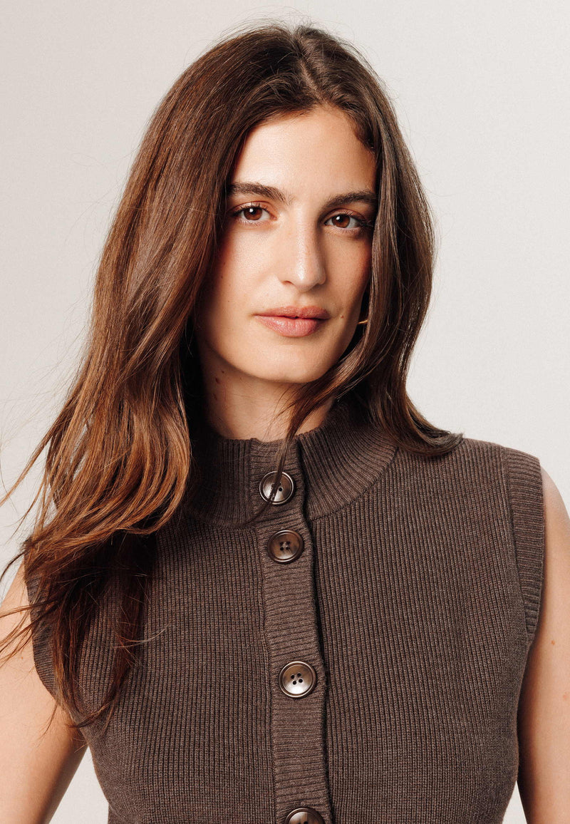 Chaleco de manga corta con cuello alto - Marrón Habana - Mujer