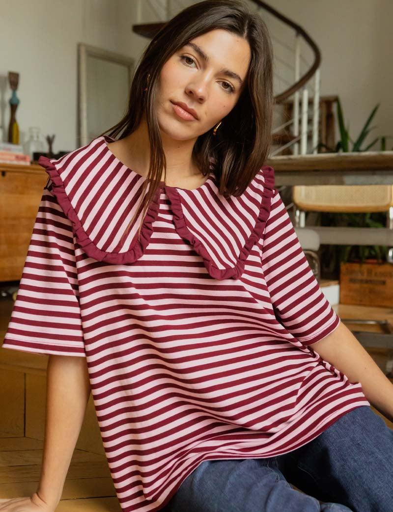 T-shirt w paski różowo-bordowe Popi