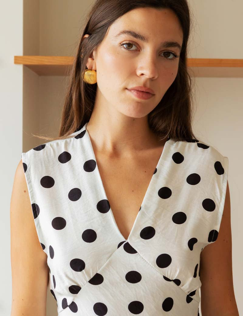 Robe Blanche À Pois Noirs Novy