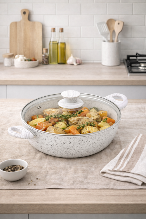 Poêle « Stonewhite » De 24 Cm Avec Couvercle De Poignée Effet Bois Blanc