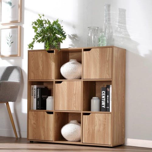 Meuble 9 Cases Avec 5 Portes Décor Bois - Modu - Beige