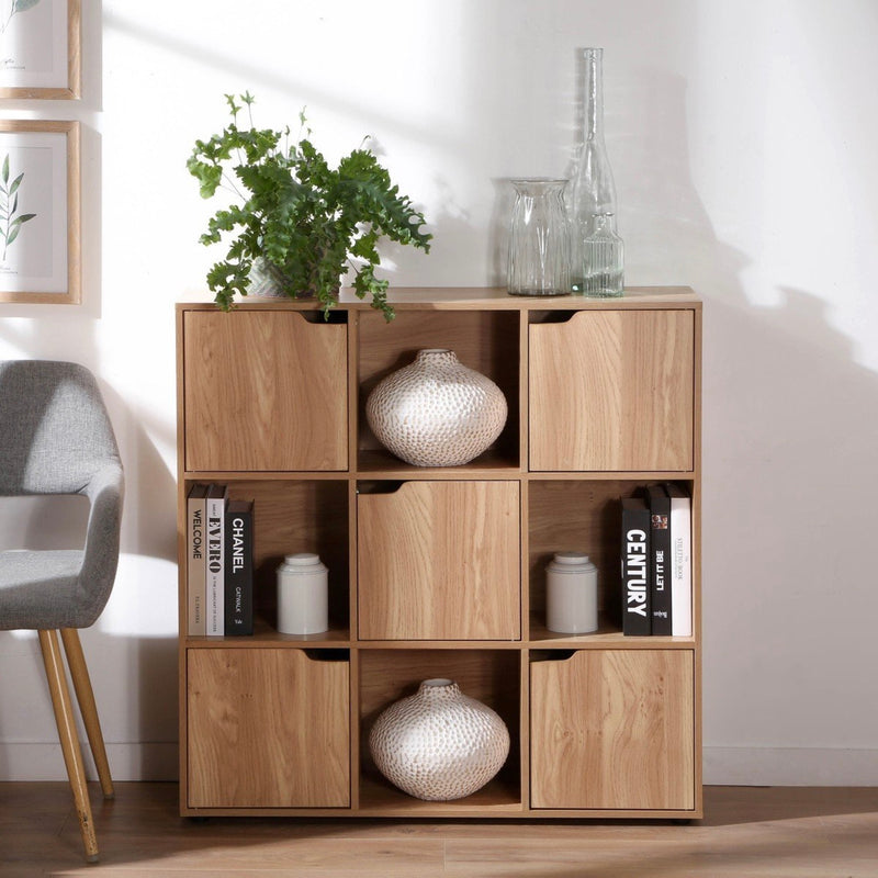 Meuble 9 Cases Avec 5 Portes Décor Bois - Modu - Beige