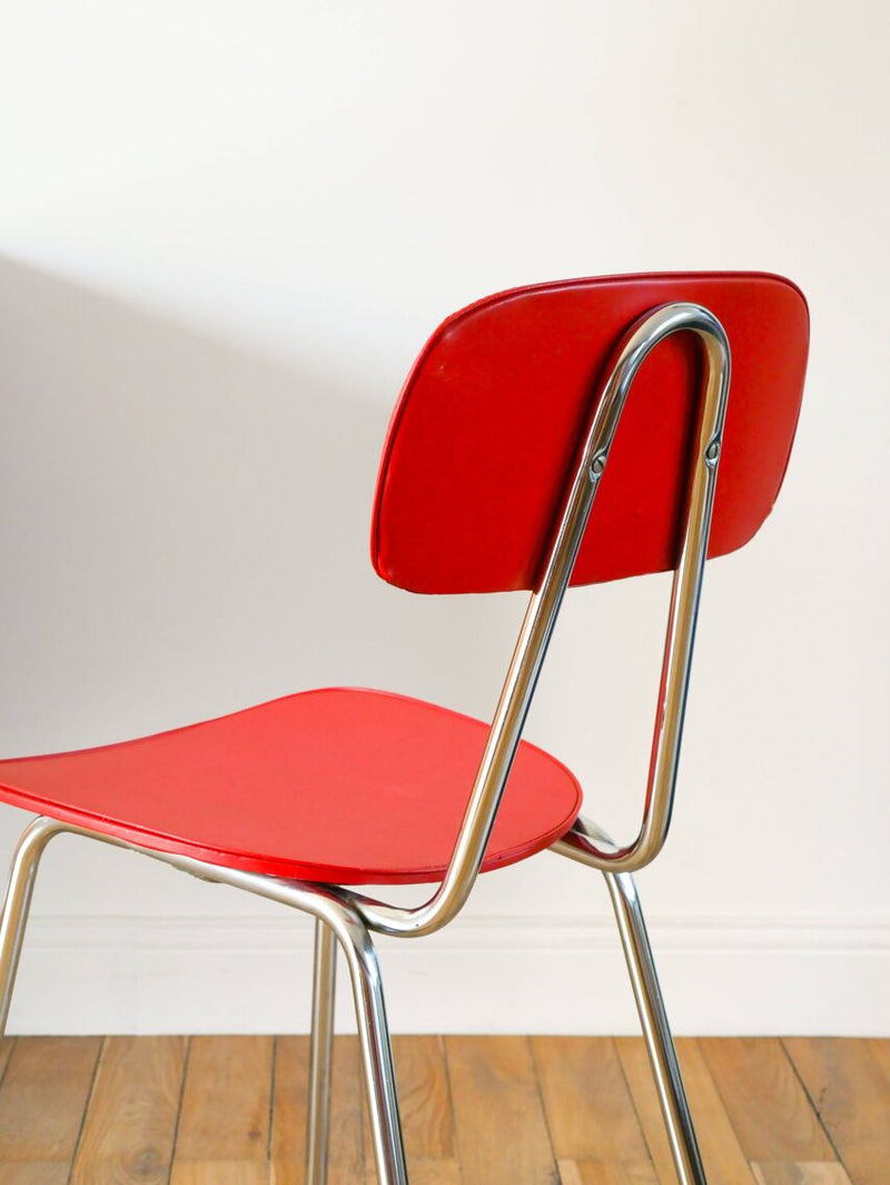 Chaise En Skaï Rouge Et Chrome - 1970