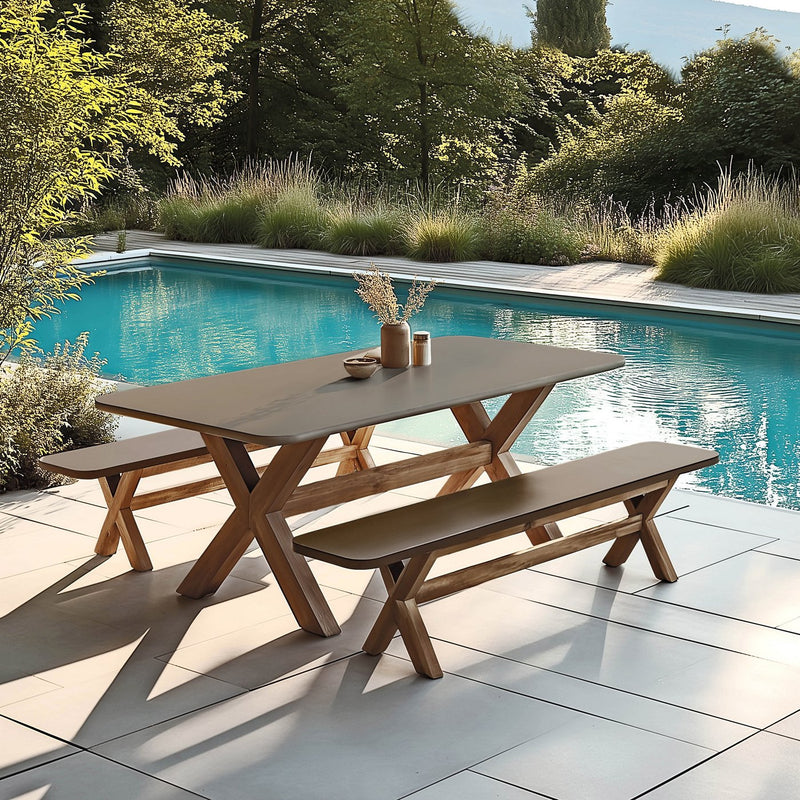 Nestor - Ensemble Table Et Bancs - Fibre De Ciment/Acacia - Marron