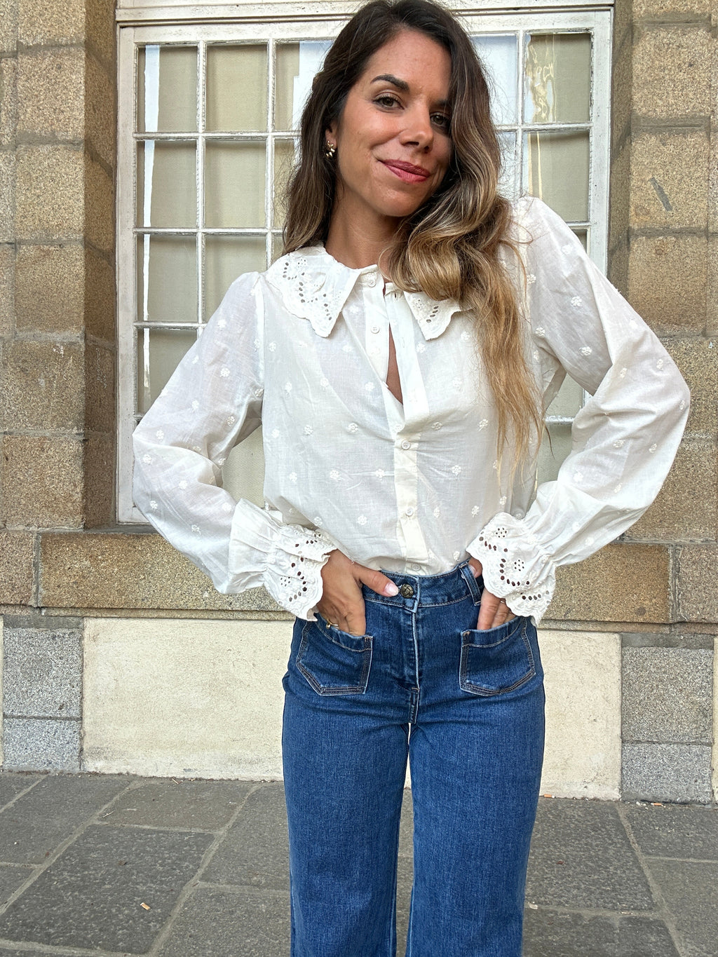 Ambre beige wide-collar blouse