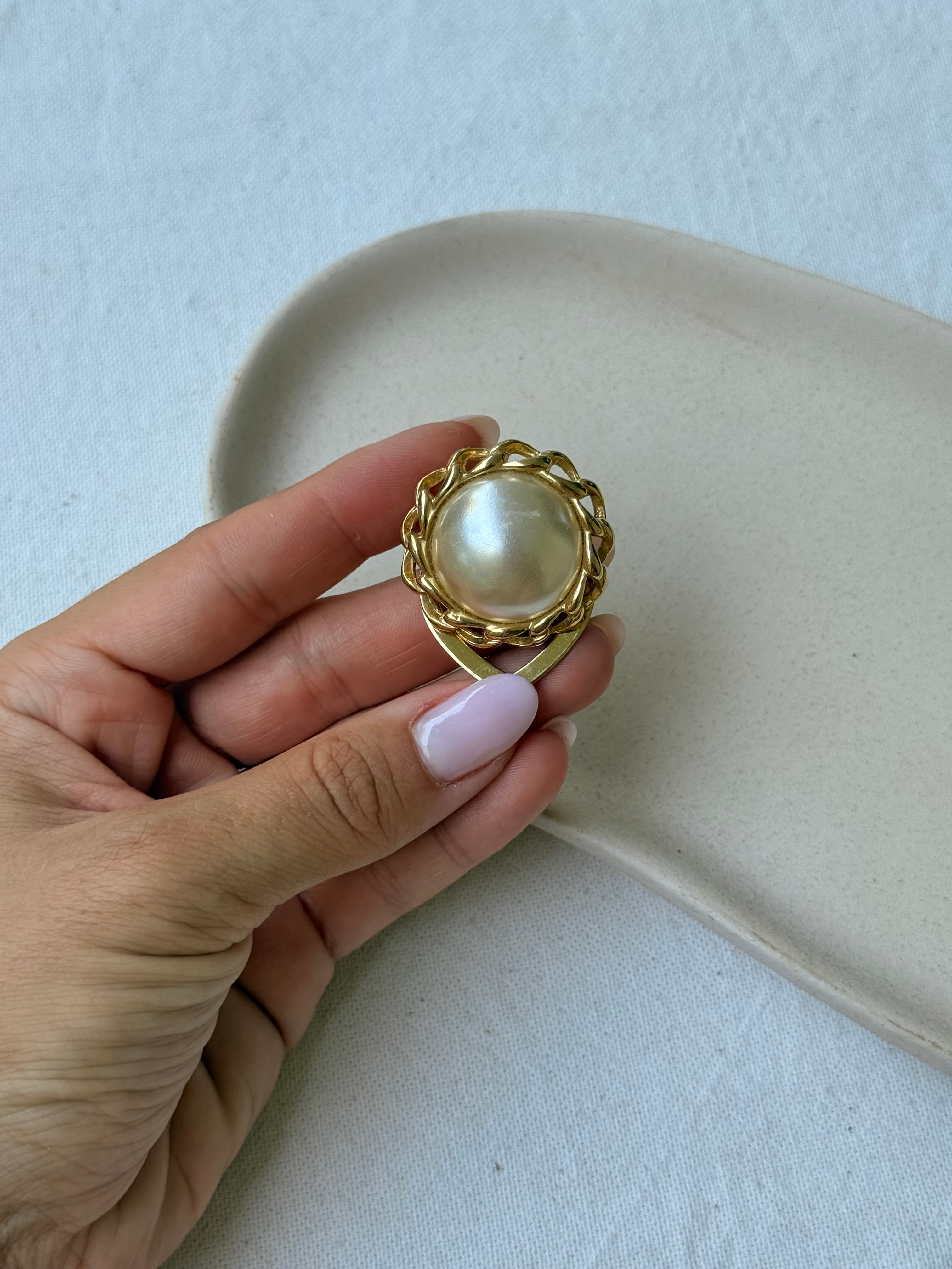 Vintage Scarf Ring - Central Pearl and Gold-Tone Border
