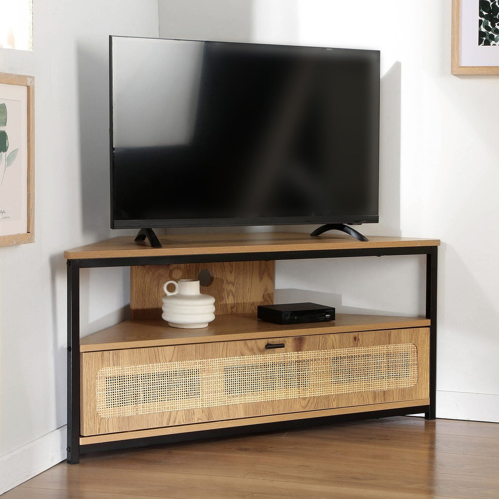 Jaya - 1 Door Corner Tv Unit With Rattan Canework - Light Wood