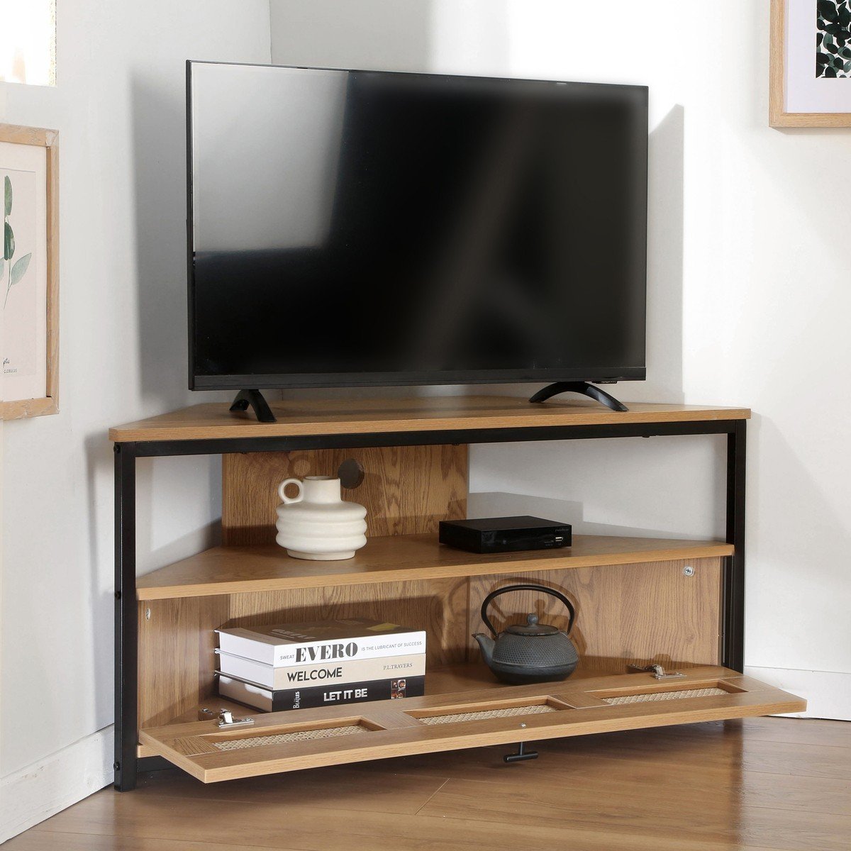 Jaya - 1 Door Corner Tv Unit With Rattan Canework - Light Wood