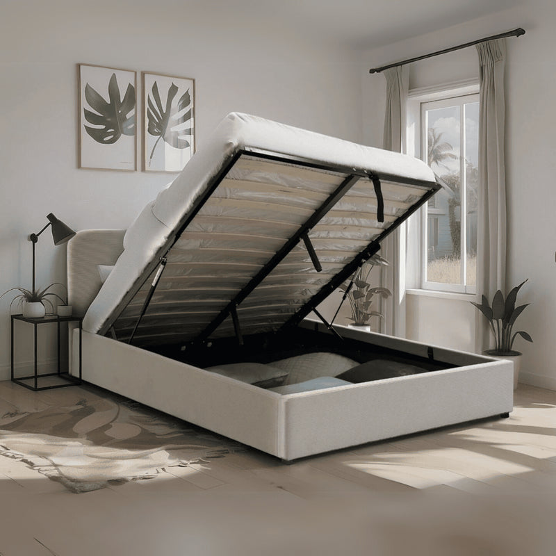 Livy - Cama contenedor 140x190 cm en pana beige con cabecero y somier - Beige