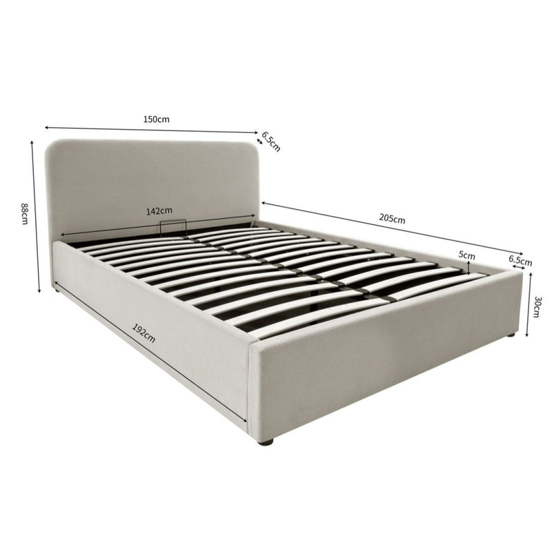 Livy - Cama contenedor 140x190 cm en pana beige con cabecero y somier - Beige