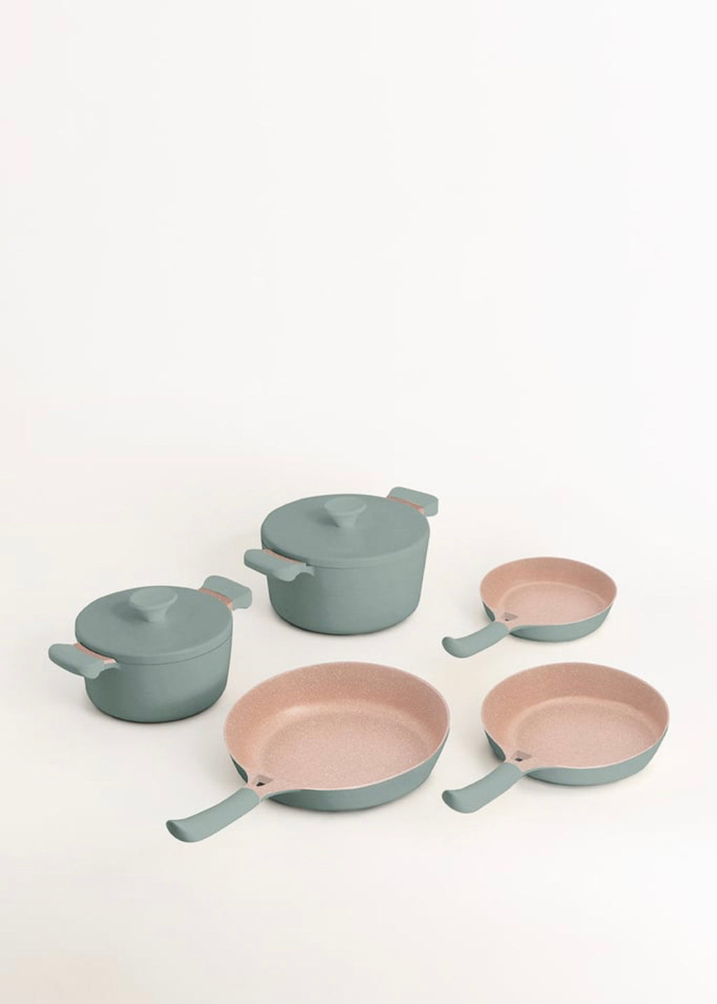 Cookware Set - 2 POT STUDIO Casserole Dishes + 3 PAN STUDIO Cast Aluminium Frying Pans With Ceramic Coating - Sage