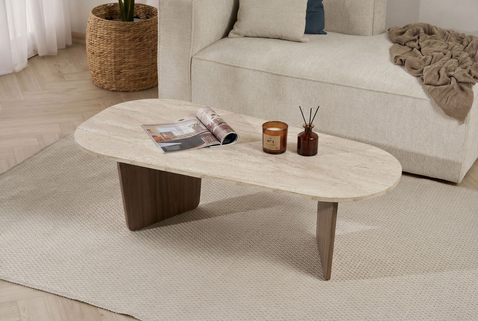 Ovalis - Coffee Table - Travertine/Venezia Walnut