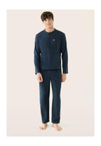 Hugo Plain Cotton Long-Sleeved Pyjama Top And Bottoms Set - Navy