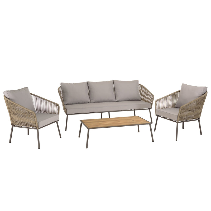 Vick - Salon De Jardin - Acier/Tissu Polyester/Rotin Synthétique/Mousse Polyuréthane/Fibre Polyester/Acacia - Taupe/Gris Anthracite