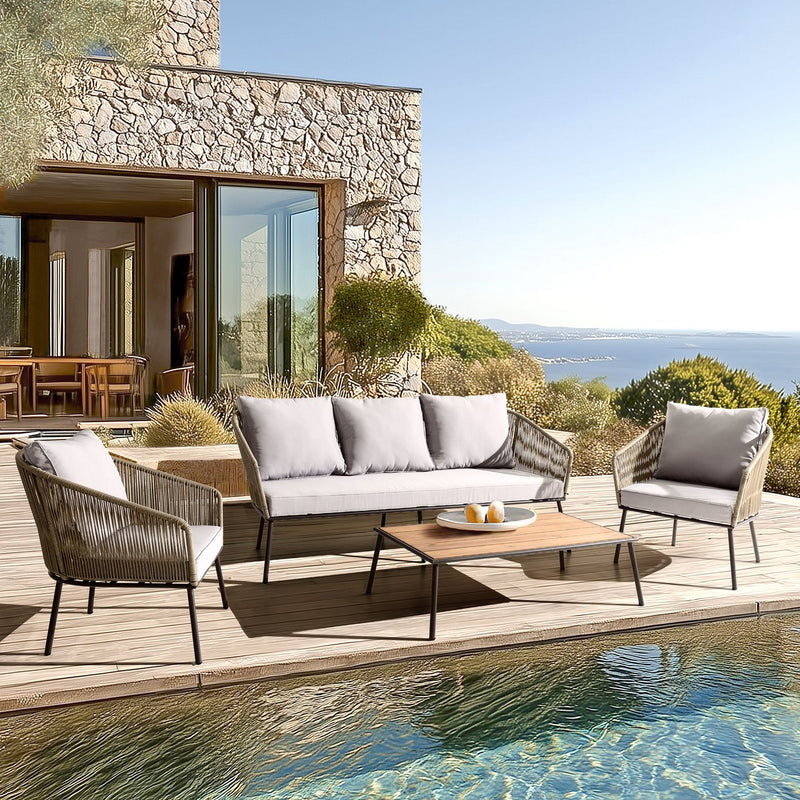 Vick - Salon De Jardin - Acier/Tissu Polyester/Rotin Synthétique/Mousse Polyuréthane/Fibre Polyester/Acacia - Taupe/Gris Anthracite