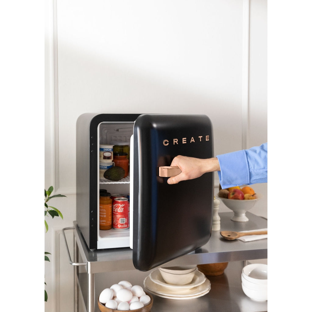 Retro Fridge 48L - Retro Refrigerator - Black with Rose Gold Handles