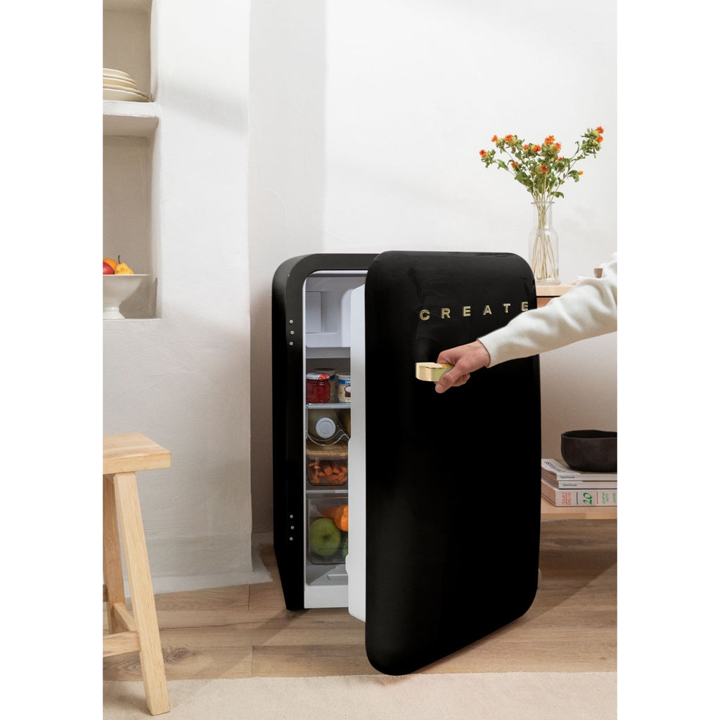 Retro Fridge 107L - Retro Refrigerator - Black with Gold Handles