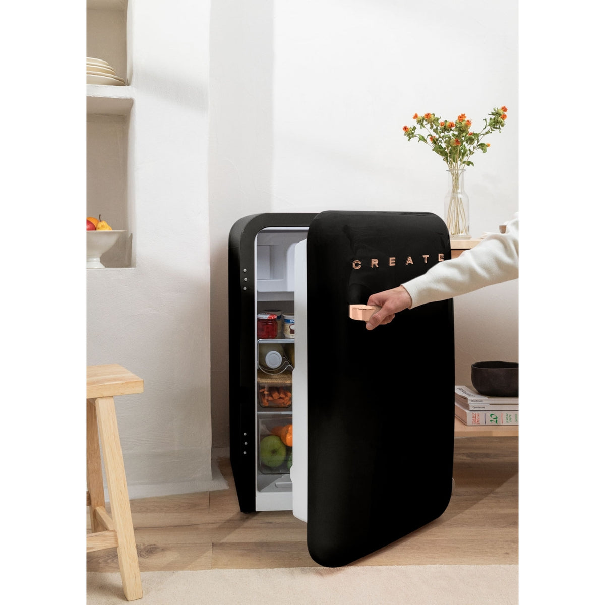 Retro Fridge 107L - Réfrigérateur Rétro - Noir Poignées Or Rose