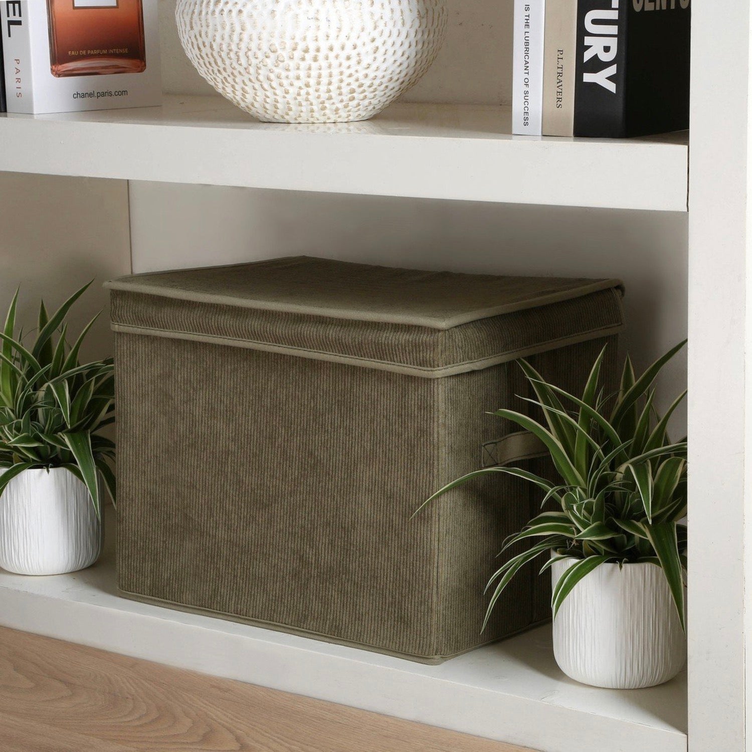 Boîte Rangement Haute Avec Couvercle Tissu Velours Côtelé Kaki