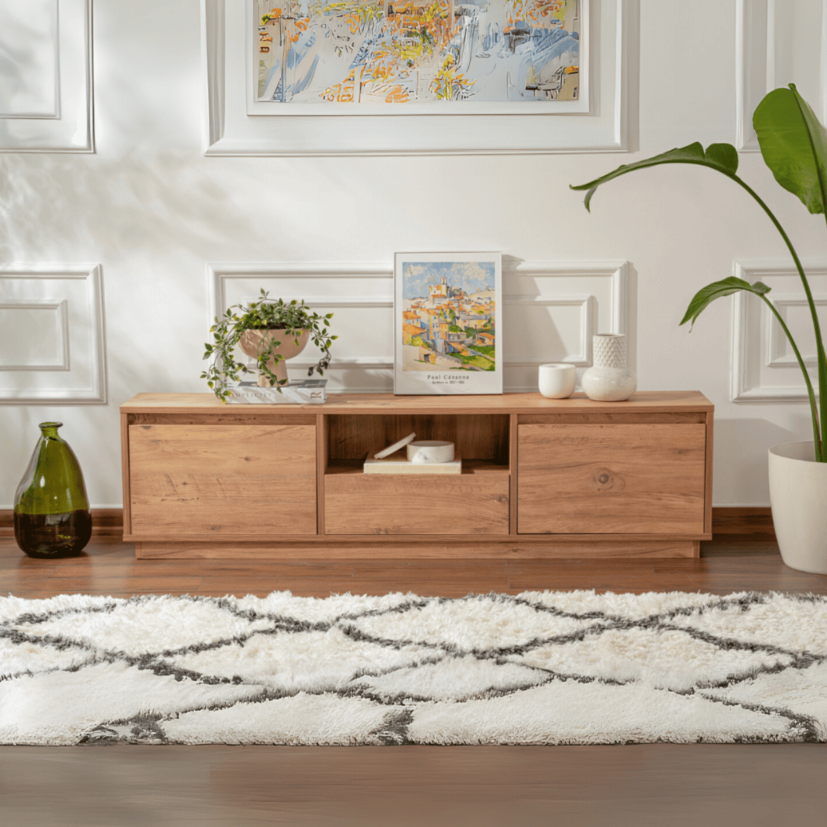 Vanguard - TV Unit with 3 Drop-Down Doors/1 Open Compartment - Atlantic Pine