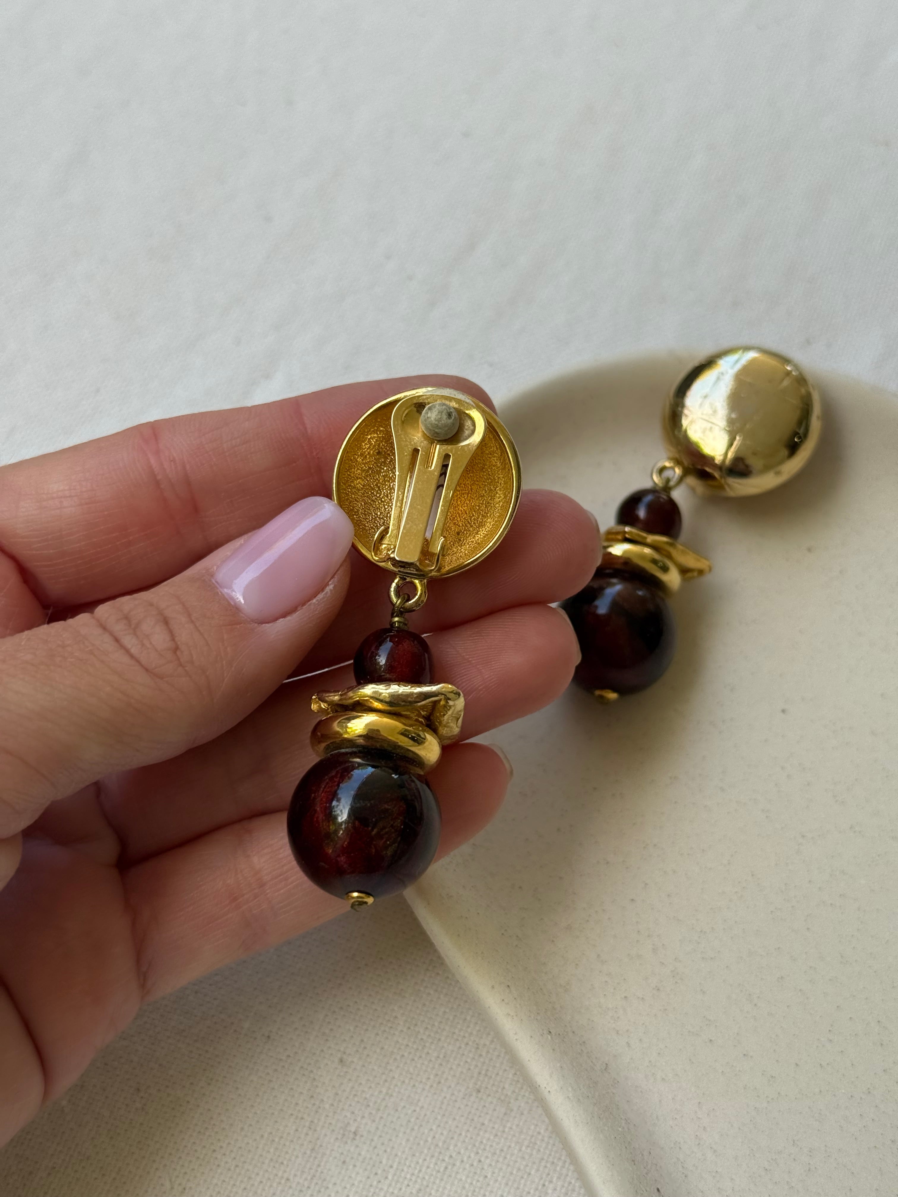 Boucles D’Oreilles Vintage - Perles Marrons Pendantes