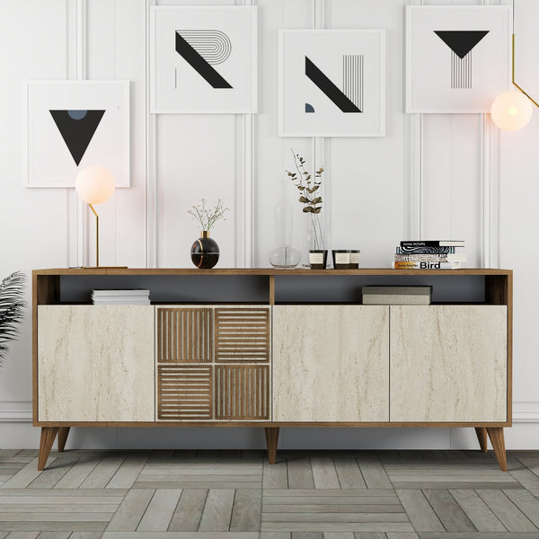 Milan Console - Walnut / Travertine