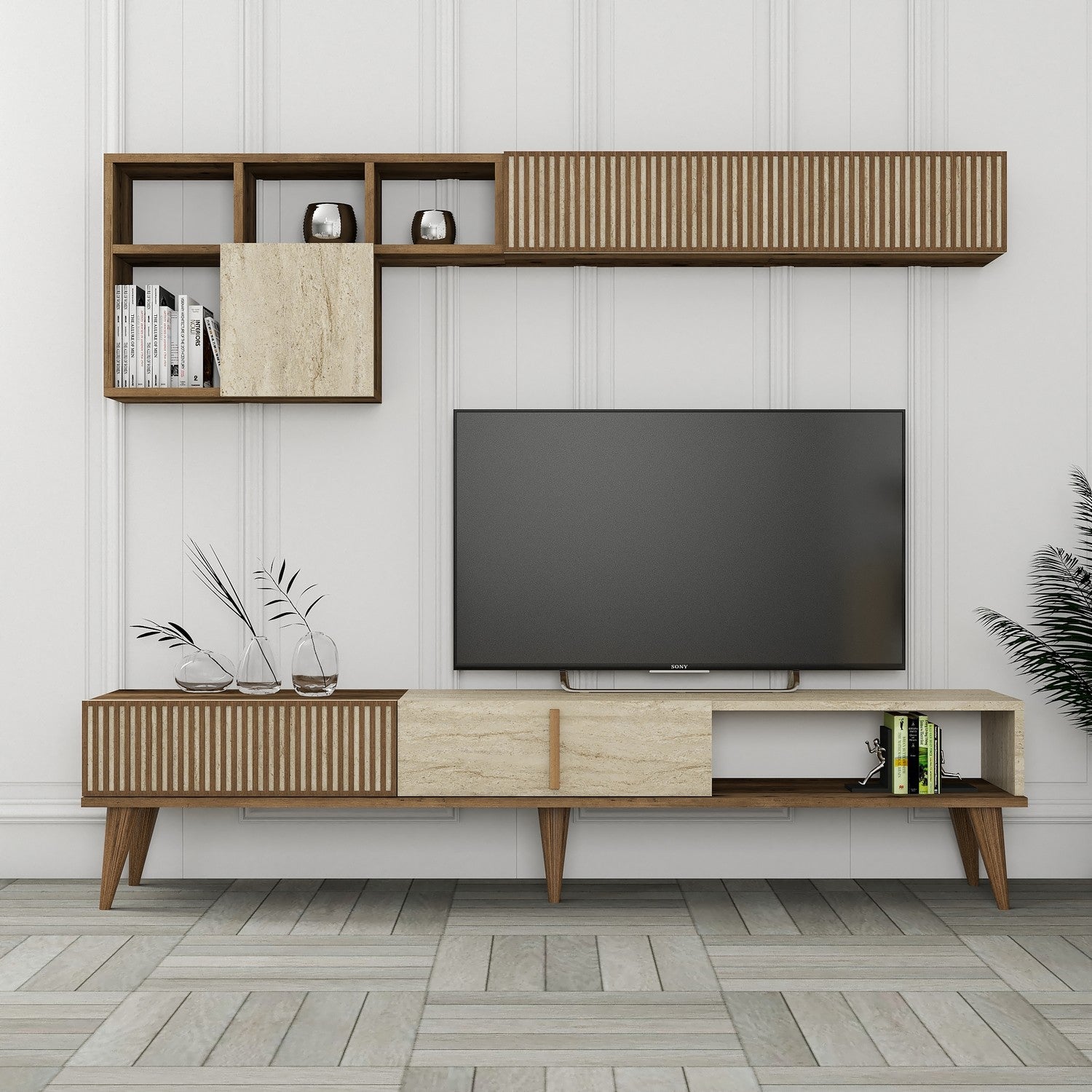 Meubles Tv Milan - Noyer / Travertin