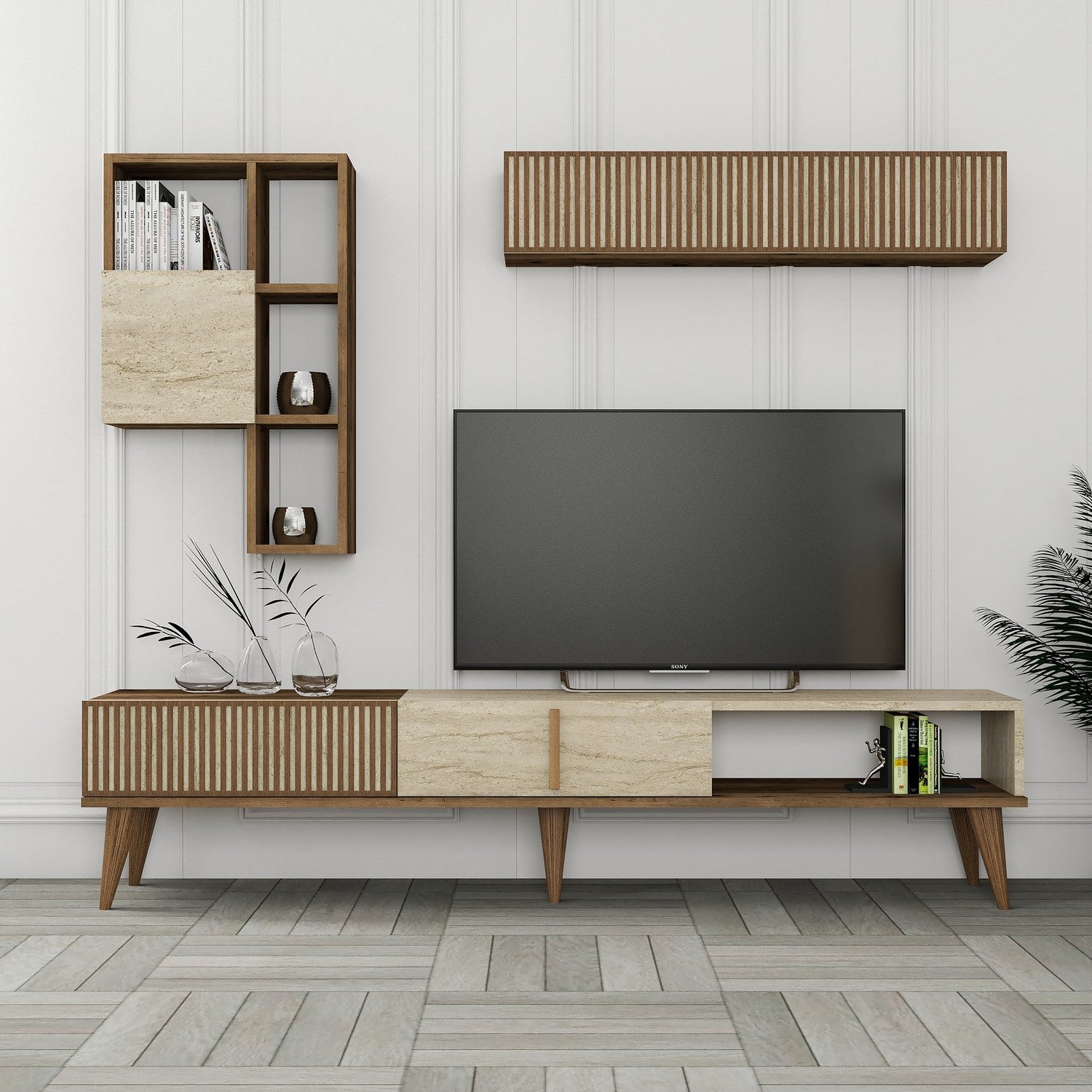 Meubles Tv Milan - Noyer / Travertin