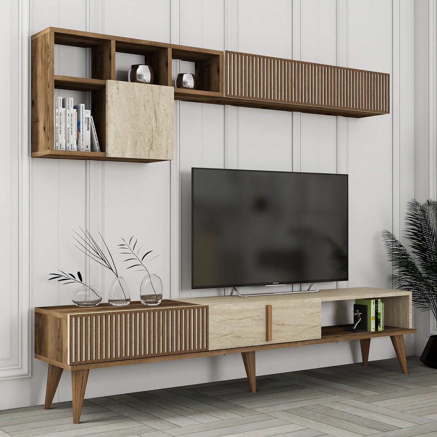 Meubles Tv Milan - Noyer / Travertin