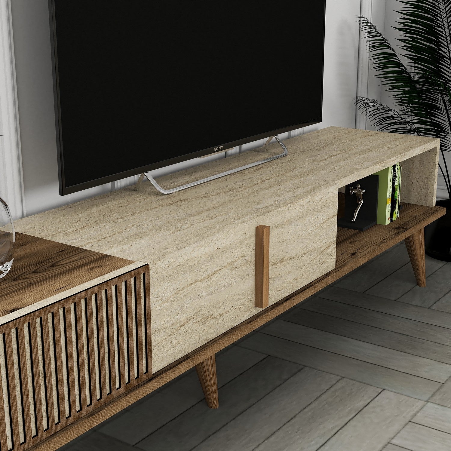 Meubles Tv Milan - Noyer / Travertin