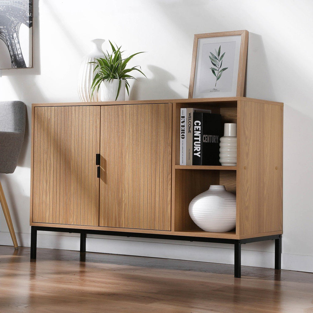 Tara - Sideboard 2 Doors 2 Open Niches Grooved Wood Effect - Light Wood