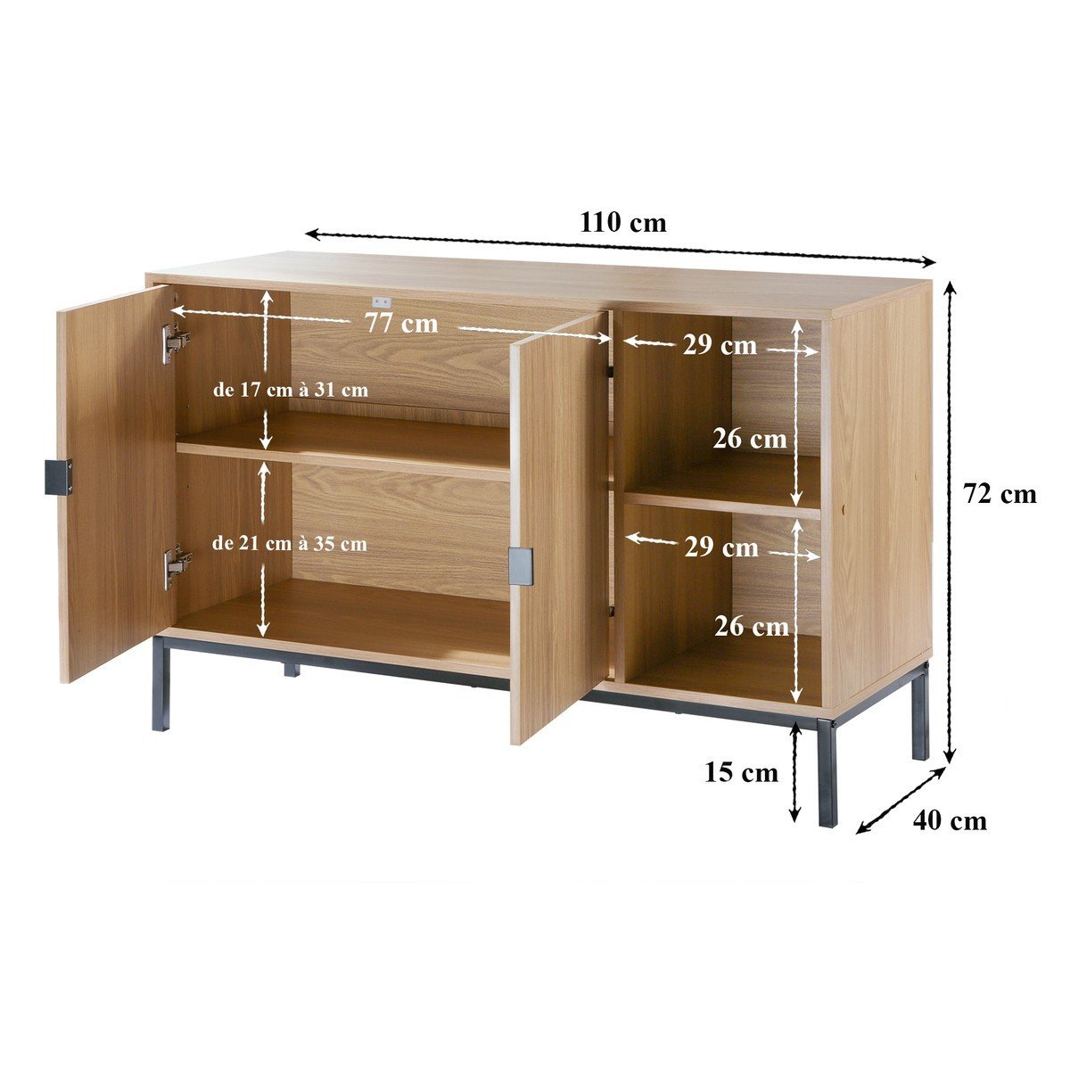 Tara - Sideboard 2 Doors 2 Open Niches Grooved Wood Effect - Light Wood
