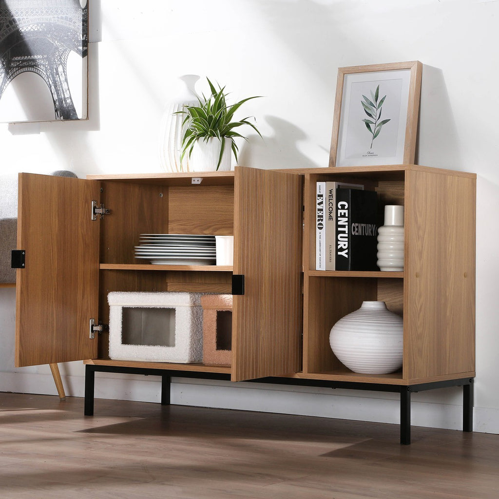 Tara - Sideboard 2 Doors 2 Open Niches Grooved Wood Effect - Light Wood