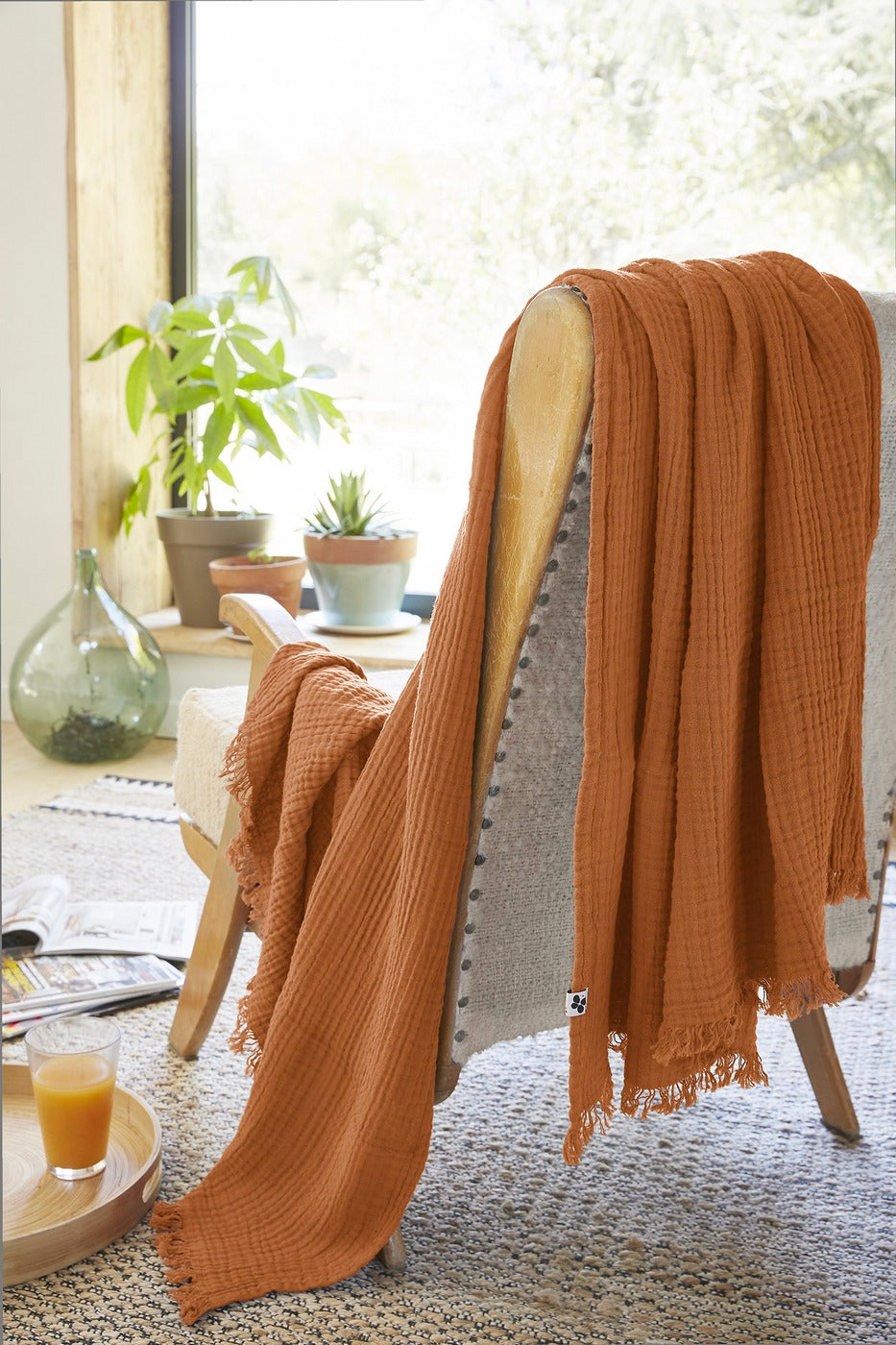Gaïa - Plaid À Franges - Double Gaze De Coton Unie - Abricot