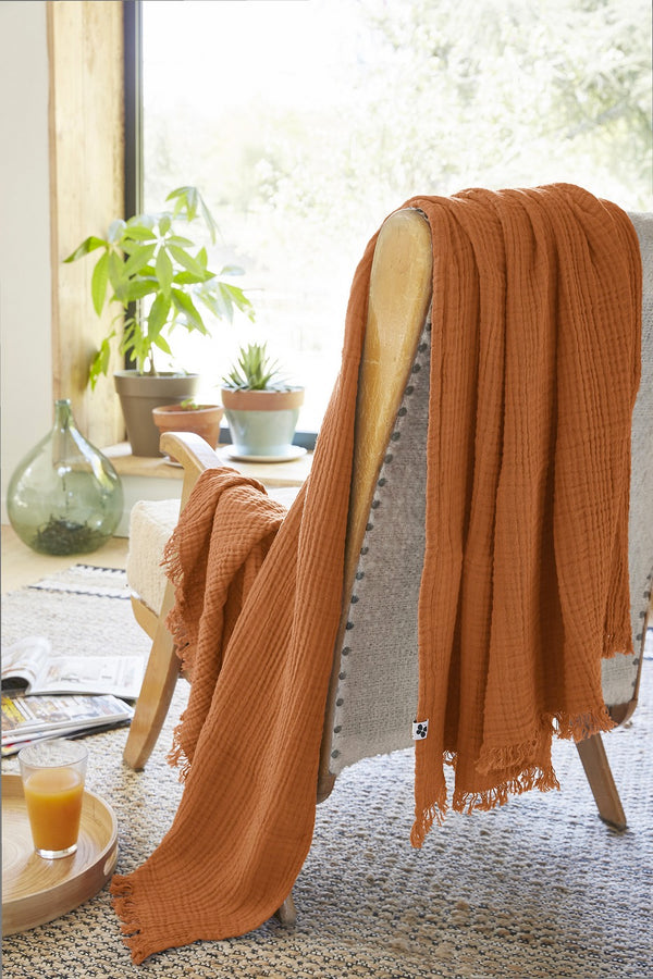 Gaïa - Plaid À Franges - Double Gaze De Coton Unie - Abricot