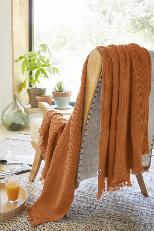 Plaid À Franges - Double Gaze De Coton Unie - Gaïa - Abricot