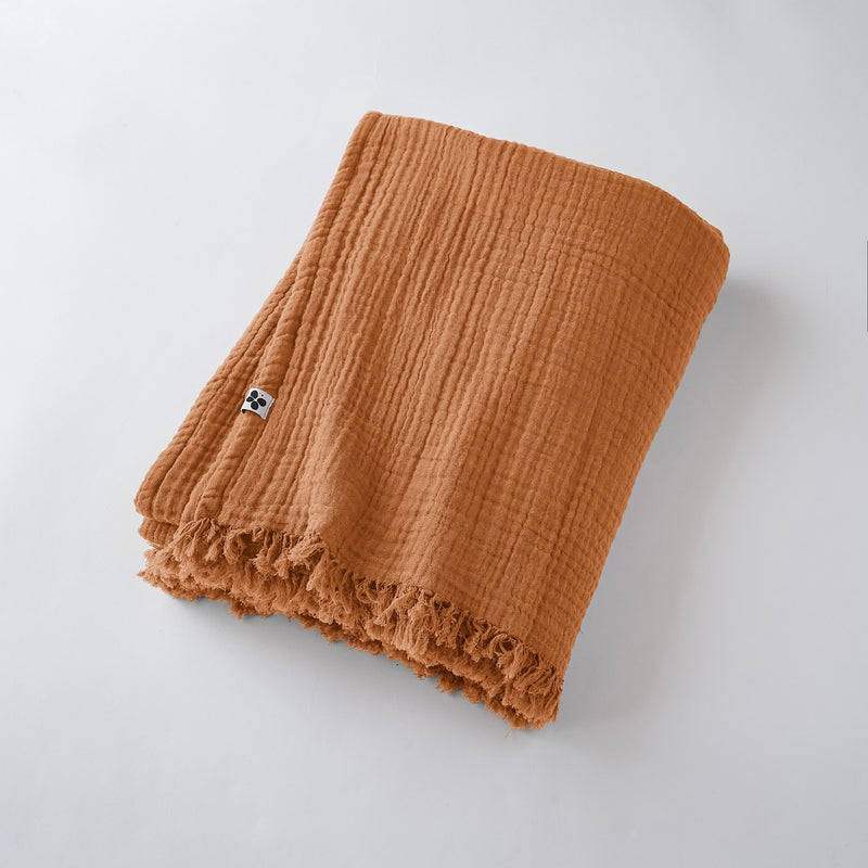 Fringed Throw - Double Gauze Plain Cotton - Gaia - Apricot